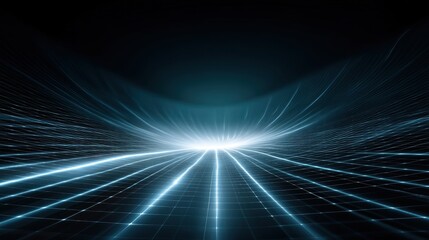 Abstract illustration of light rays creating a futuristic landscape with glowing lines and dynamic curves in a dark digital environment