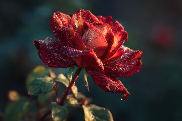 Dew-Kissed Crimson Rose - A Close-Up of Delicate Petals in Soft Morning Light.