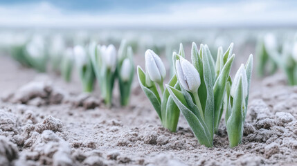 Frosted tulip buds emerging from sandy soil, a symbol of new beginnings and life overcoming harsh winter conditions