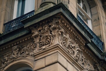 Detailed Ornate Stone Facade Corner with Elegant Wrought Iron Balcony.