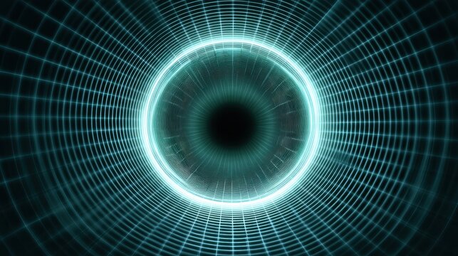 Circular Digital Tunnel with Glowing Neon Grids and Dark Interior, Representing Modern Technology and Digital Spaces for Abstract Visuals