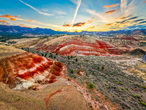 Scenic Aerial View Near Painted Hills, John Day Fossil Beds at Sunrise