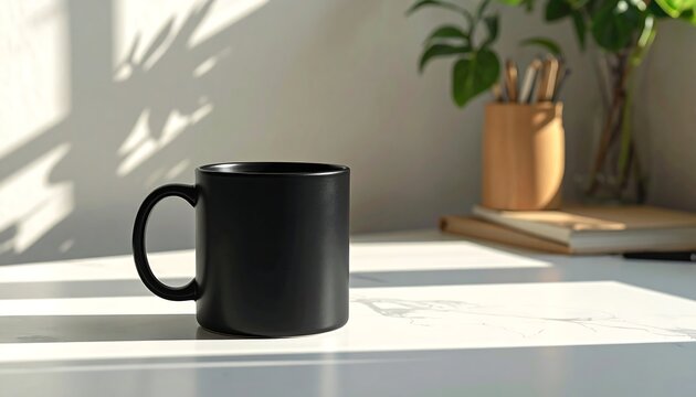 Black ceramic mug on a white surface with greenery and stationery in background