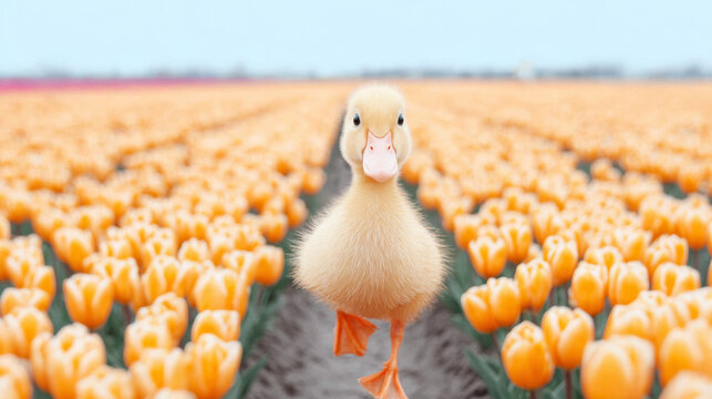 Yellow duckling walking through fields of vibrant orange tulips, spring flower season, growth and new life concept