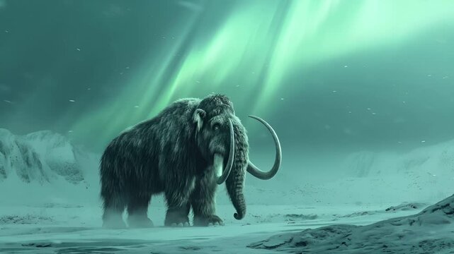 A vivid portrayal of a mammoth under the aurora borealis. The mammoth is depicted in a side profile, with its large tusks prominently displayed. The surrounding environment is a serene.