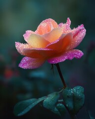 Dew-Kissed Rose - A Vibrant Bloom in Soft Light, Delicate Water Droplets.