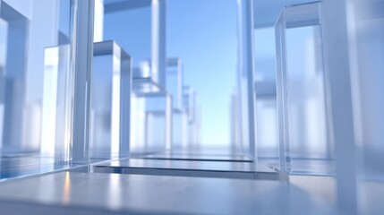 Fototapeta premium Abstract futuristic glass structures casting reflections in a blue sky environment, creating an otherworldly architectural landscape for modern designs