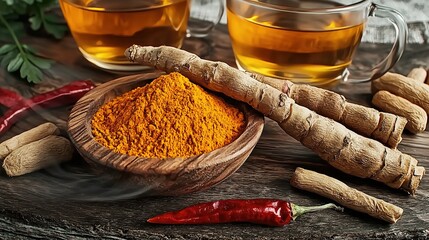 Turmeric Ingredient Set (Root, Powder, Tea) – for E-Commerce Wellness Drink Pages, Cooking Ingredient Graphics | Traditional Herbal Healing & Quiet Luxury Wellness Trend