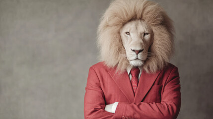 Lion with human body wearing a red suit and tie, presenting a confident and powerful business concept