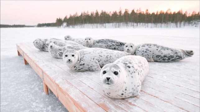 Group of seals resting on a wooden dock over frozen lake ice, looking toward camera in a tranquil, snowy Arctic winter scene - Powered by Adobe