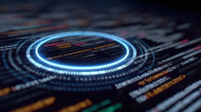 Abstract digital background displaying glowing code, colorful text data, and futuristic circular design for technology and programming themes - Powered by Adobe
