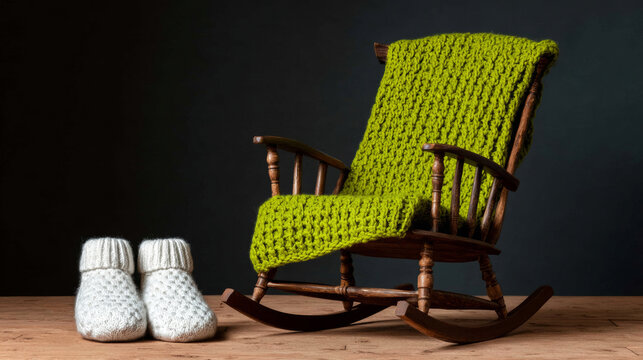Wooden rocking chair draped with knitted green blanket, next to white wool baby socks, representing comfort and new beginnings