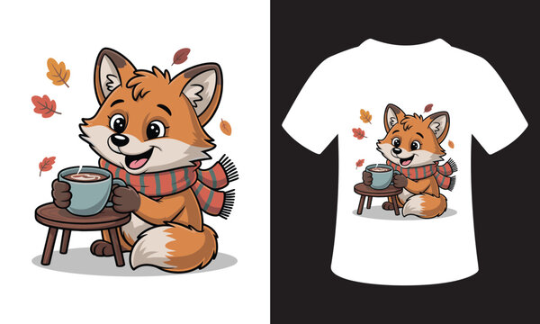 Cute cartoon fox wearing a scarf holding a mug of coffee surrounded by autumn leaves