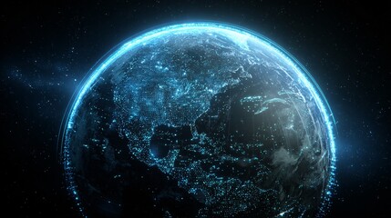 Obraz premium Digital rendering of a planet with glowing blue lights and dark background.