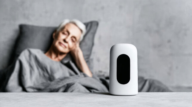 White medical monitoring device closely tracking health data, providing comfort and secure home healthcare for an elderly woman resting in bed