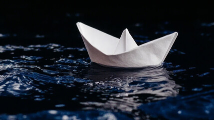 Obraz premium Paper boat floating on murky water, recalling memories of youth, delicate aspirations, tranquil journey, wistful reverie, and optimistic exploration