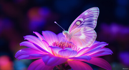 Pearl-white butterfly on a glowing neon flower, surreal color contrast, premium creative
