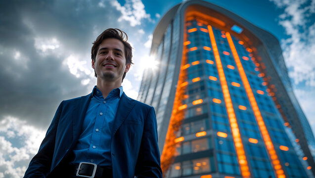 Man dark blue suit smiling modern building architecture skyscraper glass facade curved design urban city right side generative AI