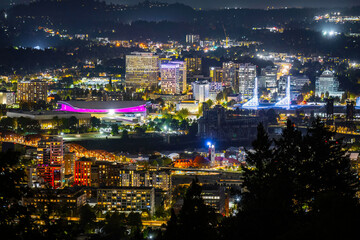 A Panoramic Night View of Portland Skyscrapers and Illuminated City