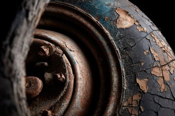 Dramatic Close-up of Severely Cracked Tire and Rusty Wheel Rim.