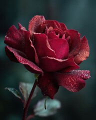 Dramatic Close-Up of Dew-Kissed Burgundy Rose Against Dark Background.