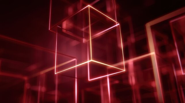 Abstract 3D geometric shapes glowing in red hues, showcasing vibrant light reflections and a modern digital atmosphere in a futuristic design concept.