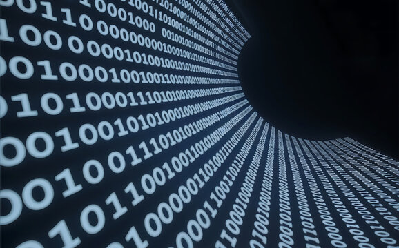 A tunnel of binary code, with numbers 0 and 1 creating a sense of depth and movement into a dark digital void