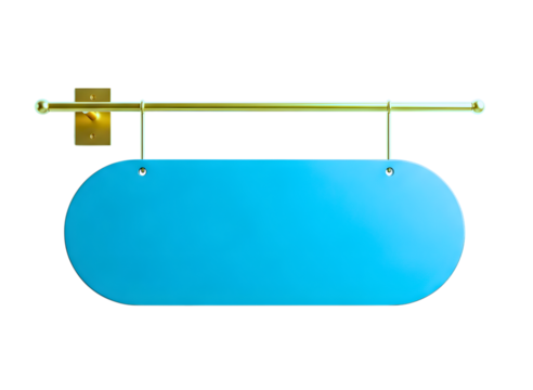 Blue oval sign hanging from brass bracket isolated on transparent background