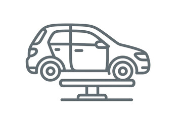 Car on hydraulic lift icon, vehicle service outline, isolated on transparent background
