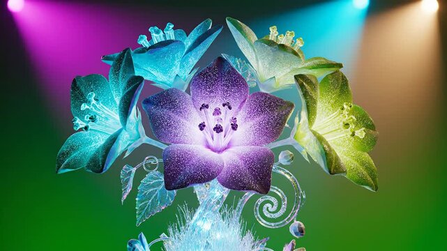Enchanting Crystal Flower Sculpture Illuminated by Vibrant Stage Lights A Mesmerizing Display of Artistry and Elegance Perfect for Celebrations Events and HighEnd Visuals.