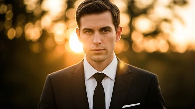 Young man adjusting formal attire outdoors during golden hour sunset