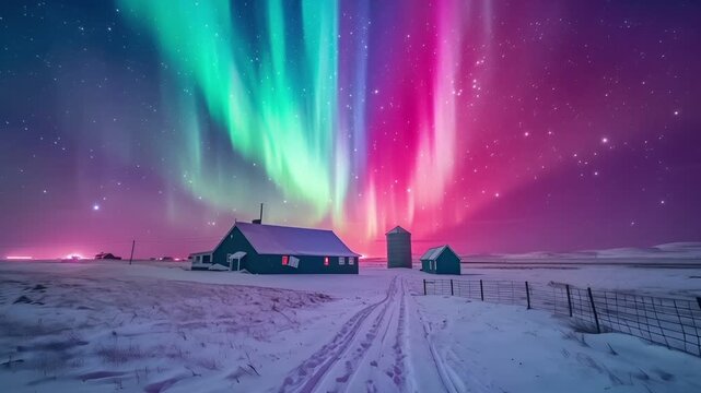 Aurora Borealis in the sky over a snowy landscape with a house and barns in the foreground.