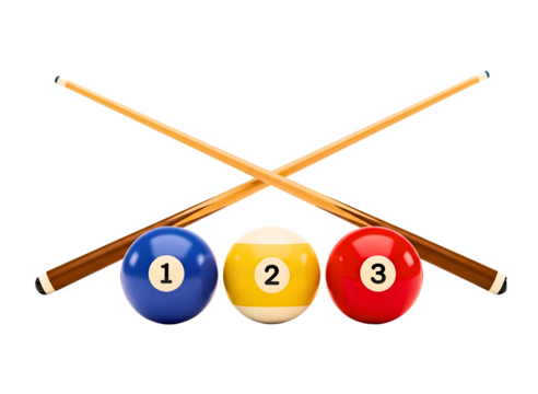 Three numbered billiard balls and crossed cues isolated on transparent background