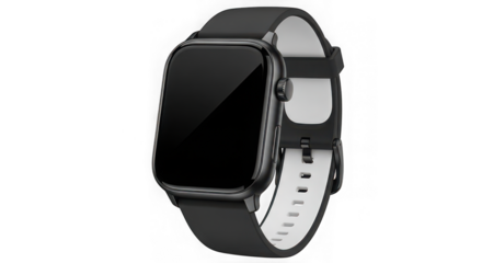 Modern black smartwatch with square face isolated on transparent background