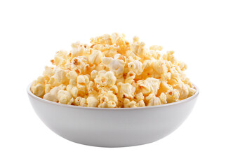 Freshly popped popcorn served in a clean white ceramic bowl on a plain background  transparent.