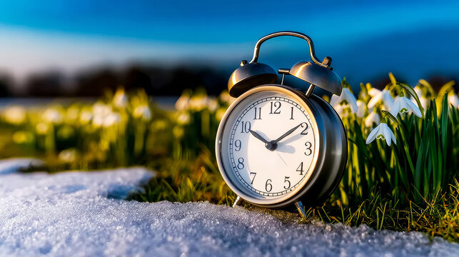 Vintage alarm clock on melting snow, showing passage of time, ushering in spring with blooming snowdrops