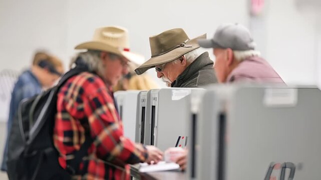 A man in a cowboy hat and red and black checkered shirt is using a voting machine. He is wearing glasses and has a focused expression. The background is blurred but suggests an indoor setting.