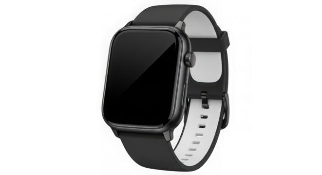 Modern black smartwatch with square face isolated on transparent background