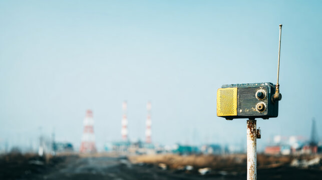 Vintage analog radio on rusty pole, transmitting lost signals in abandoned industrial landscape