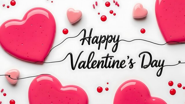 Happy valentine day greeting with pink heart candy and sprinkle