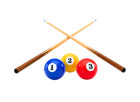 Three billiard balls and crossed cues isolated on transparent background