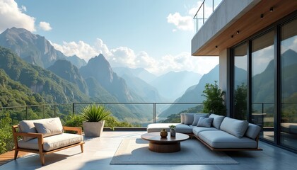 Obraz premium Modern balcony with comfortable seating overlooking majestic mountains on sunny day. Terrace adorned with furniture, plants, glass railing. Scenic landscape with green hills, peaks, blue sky, clouds.
