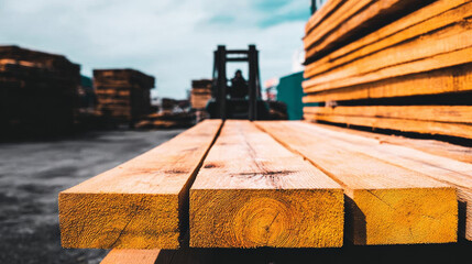 Lumber stack foreground with wood planks and a forklift blurred in a timber yard background