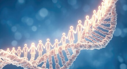 Glowing Human Figures Holding Hands on DNA Strand, Science Concept.