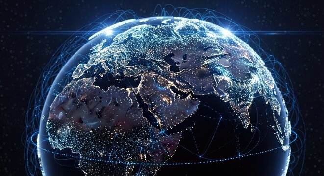 Illuminated Earth Globe with Network Lines, Global Connectivity, Data Visualization, Futuristic Concept.