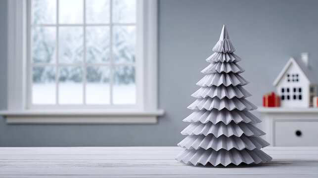 White origami Christmas tree decorating a minimalist home interior, showing snowy window view and holiday season
