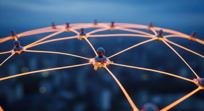 Networked Human Connection: Glowing Lines and Abstract Cityscape Backdrop