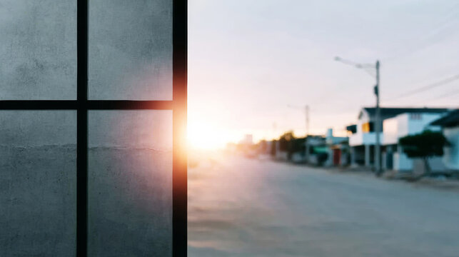 Concrete wall and window frame creating an abstract background with bright sunset light over a blurred street