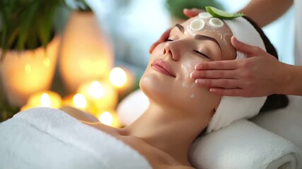 A closeup shot of a woman receiving a facial treatment at a spa setting. The womans face is partially visible, with her eyes closed and lips slightly parted.