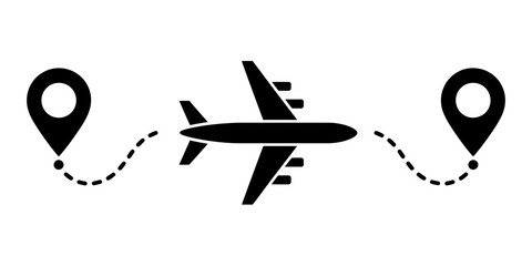 Airplane flying between two location pins, illustrating global travel flight route concept.